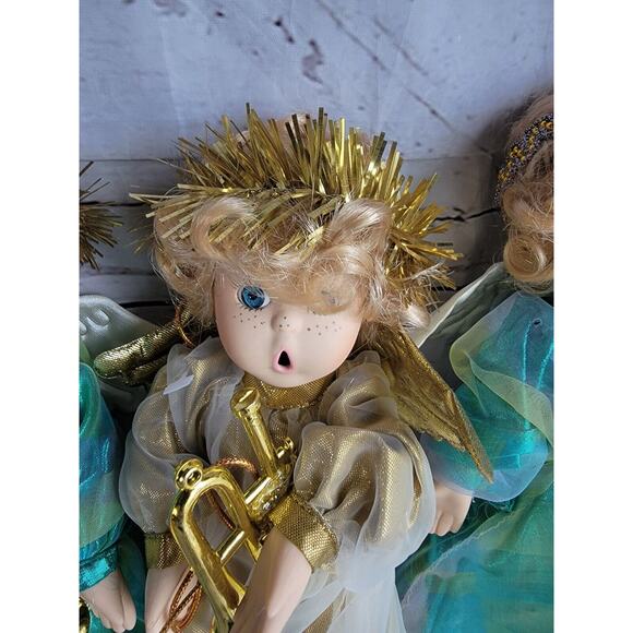 Porcelain Christmas Angel Dolls Lot 3 Dressed in Gold with Open Mouth Instrument - Picture 5 of 12